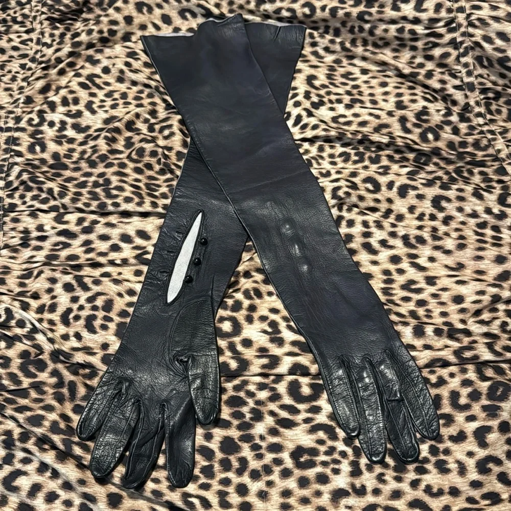 Antique Leather Soft Genuine Black Long Opera Evening Petite Chic Gloves Italy 7 - Picture 3 of 15